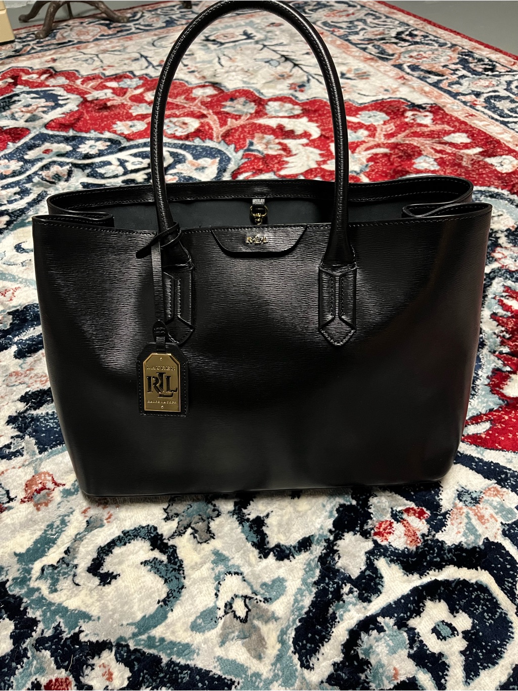 % Authentic Ralph Lauren Black Leather Tote With Gold Logo Tag -Like New!